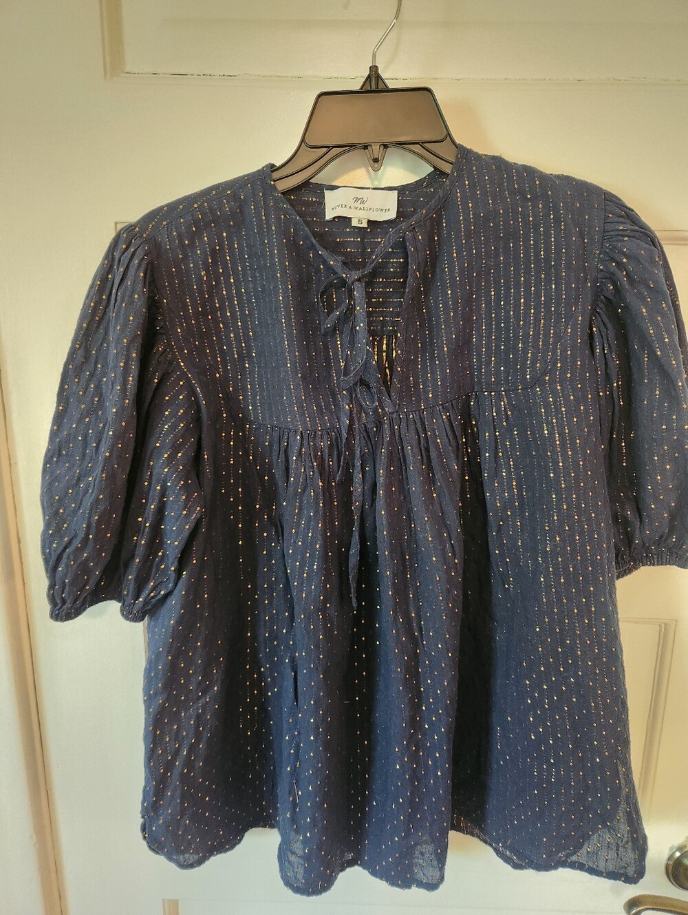 Never a Wallflower Metallic-Thread/Cotton Navy Peasant Blouse
